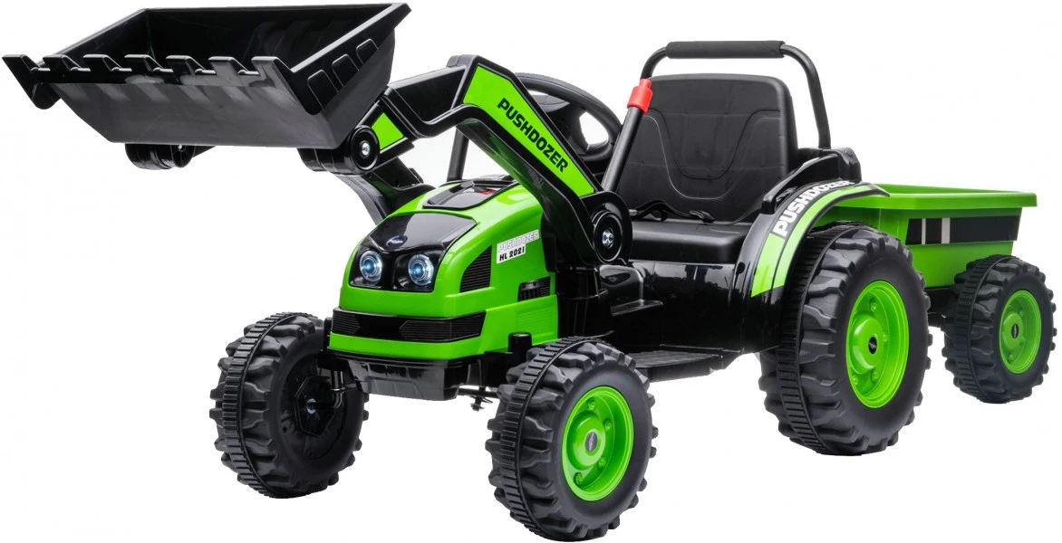 Детский электромобиль трактор с ковшом и прицепом (зеленый, 2WD, EVA) - HL389-LUX-GREEN-TRAILER