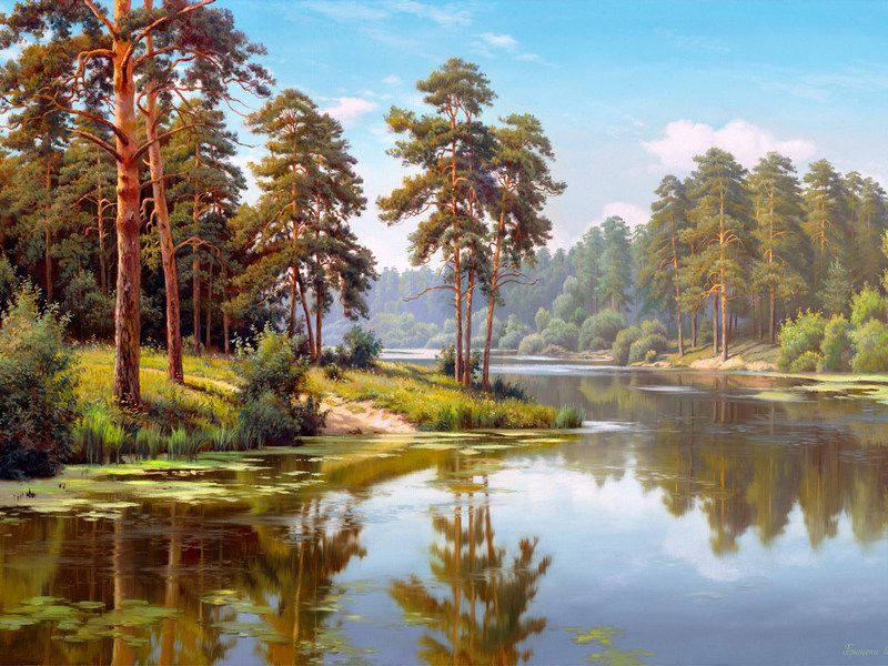 Картина мозаикой с нанесенной рамкой 40х50 И.ПРИЩЕПА. СОСНЫ У ВОДЫ (29 цветов)