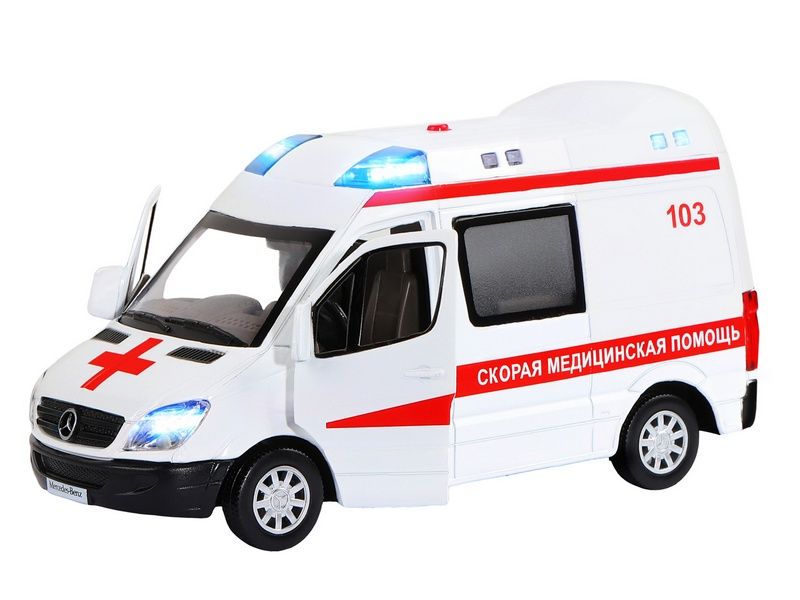 Машина "АВТОПАНОРАМА" Mercedes Sprinter "Скорая помощь", белый, 1/32, в/к 18*9*13,5 см